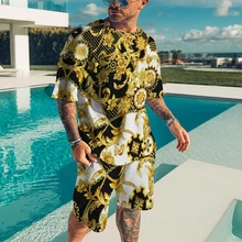 

Summer Two-Piece Suit Men's T-Shirt Sportswear Gold Statue Pattern Suitable For Youth, Adults, Street Leisure Oversize