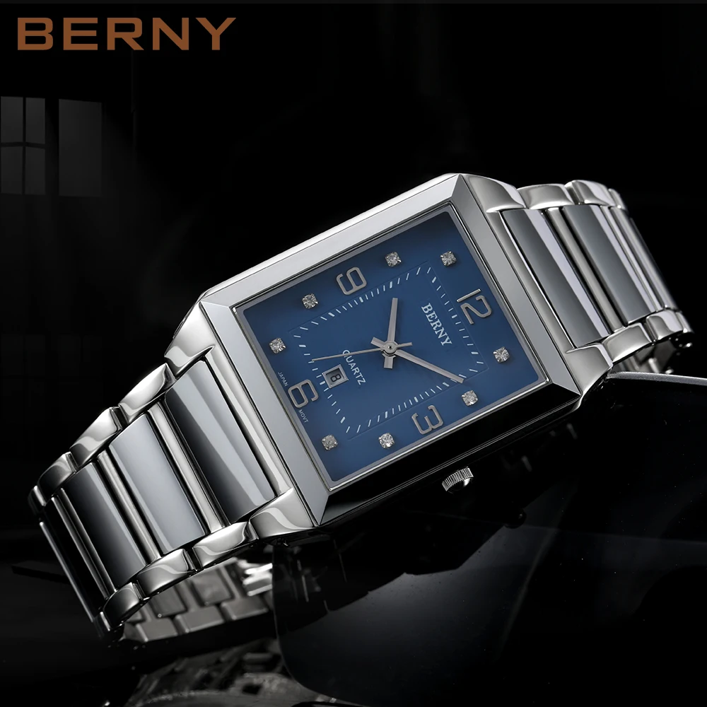 BERNY Orologio Quadrato Uomo: Quarzo Svizzero, Data E Settimana, Stile Retrò. - 2