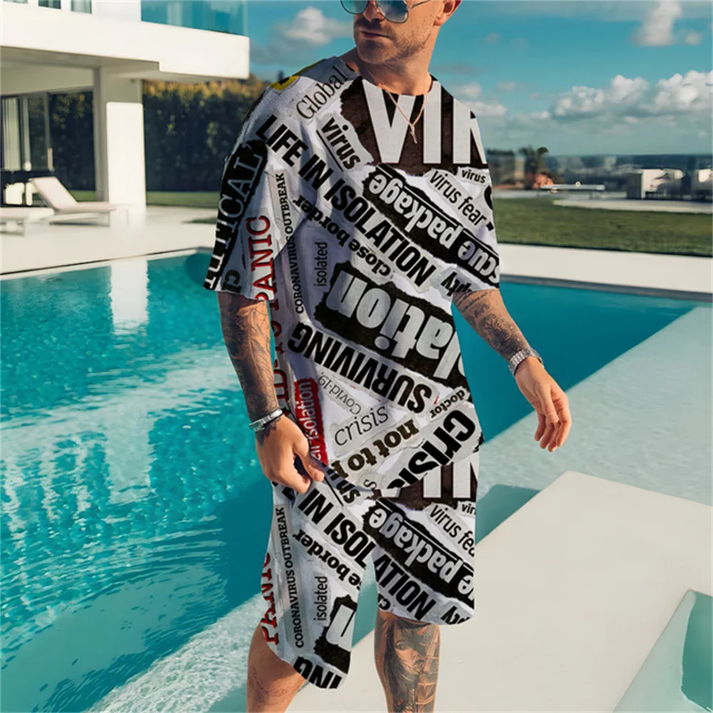Summer Fashion Casual T-shirt Clothing Men's 3D Printed 2-piece Alphabet Element Short Sleeve Oversized Beach Suit