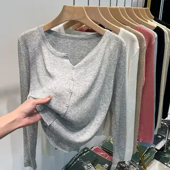 2025 الكورية نمط لينة سترة مشغولة من الصوف امرأة أوائل الخريف كم طويل سليم عادية الخامس الرقبة قاع سترة متماسكة القمم 5