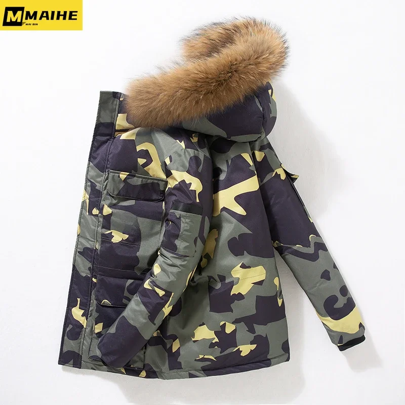 Men Luxury Down Jacket Long Winter Warm Lightweight Removable Fur Collar Hooded White Duck Padded Parka