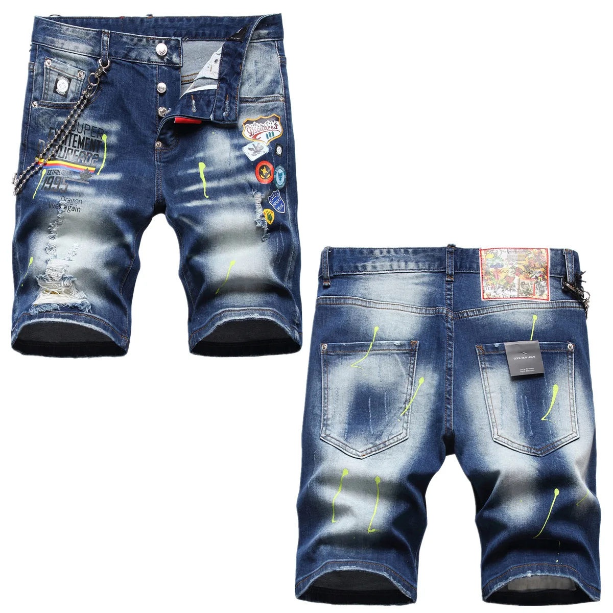 New summer ripped and painted denim shorts men thin wear fashionable five quarter pants fashion hot picture