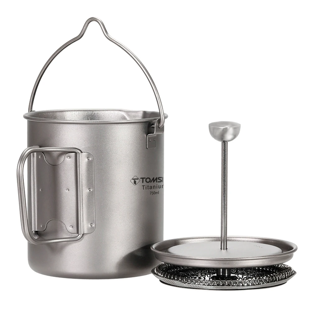 750ml Camping Coffee Cup with Press Plate Titanium Maker French Press Pot with Lid Outdoor Cookwarer for Travelling Hiking 3