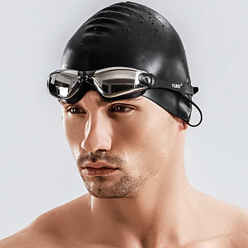 Swimming Goggles with Earplugs Adult Waterproof Fog-proof Swimming Glasses Unisex Electroplated Large Frame Swim Eyewear