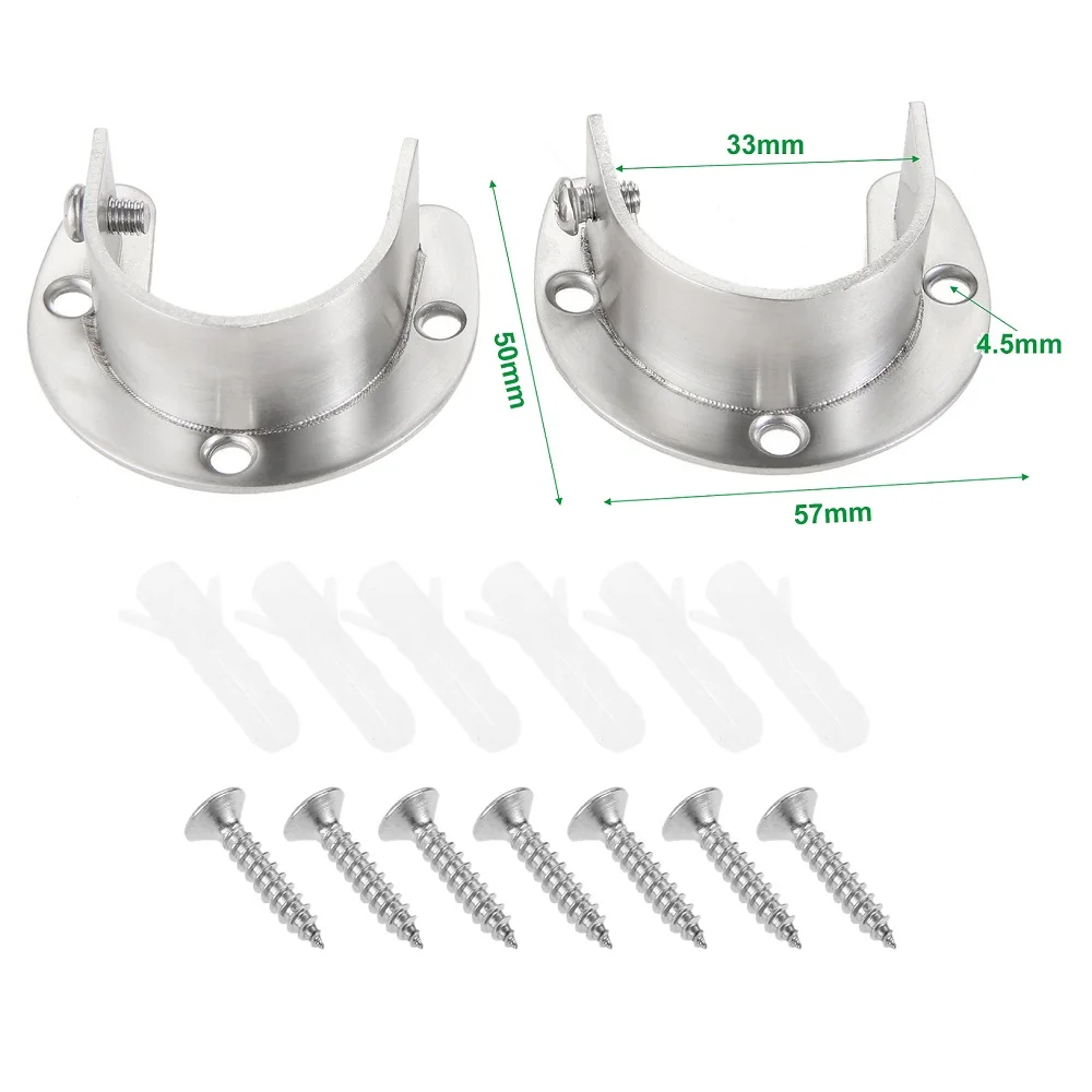 2Pcs Heavy Duty Stainless Steel Closet Pole Sockets Bracket Wardrobe Rod End Supports Shower Curtain U-Shaped Flanges Rod Holder
