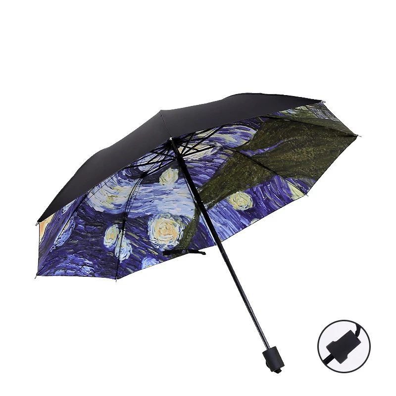High Quality Folding Umbrella Female Windproof Paraguas Van Gogh Oil Painting Umbrella Rain Women Black Coating Parasol
