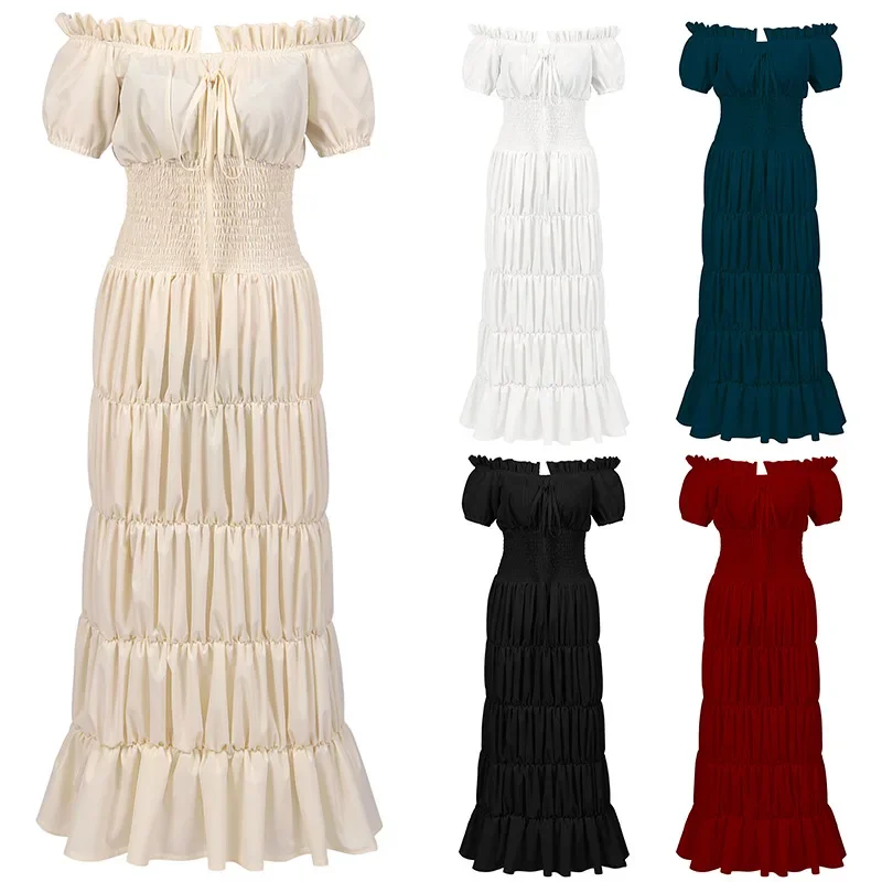 

Elegant Medieval Renaissance Dress Boho Short Sleeves Off Shoulder Smocked Waist Retro Pleated Long Dress Costume Gown