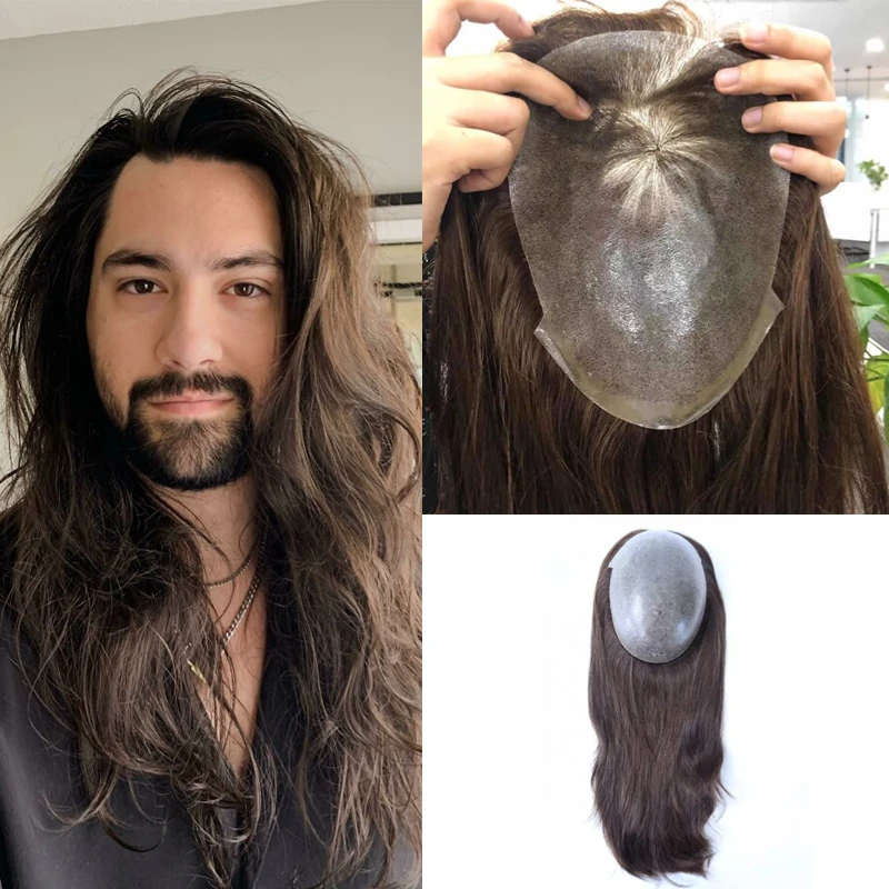 Moldeado Permanente En Pelo Liso Y Fino Peluca De Pelo Largo Para Hombre,  Peluquín De Piel De 14-16