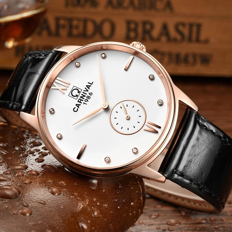 Montre Homme Carnival Brand Luxury Quartz Watch for Men Fashion Small Second Leather Strap Wrist Watch Waterproof Reloj Hombre