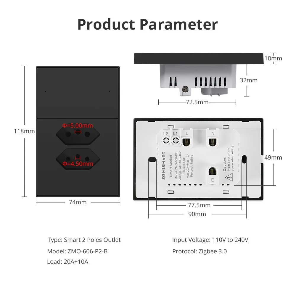 Zemismart Zigbee 브라질 소켓 2 개, 투야 2 극 콘센트 소켓, 블랙 지지대 알렉사 구글 홈 음성 제어, 10A, 20A