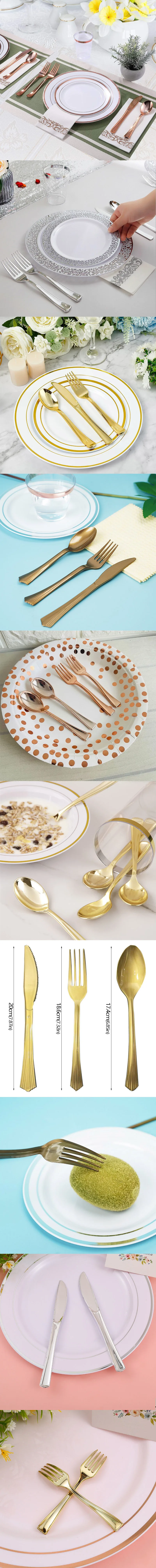 Description Picture 2 of item10pcs Set Electroplated Gold Plastic Cutlery Spoons Forks Knife Knives Forks Spoons for Birthday Party Disposable Tableware Set