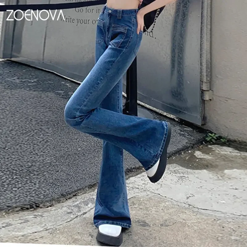 ZOENOVA 여성용 시크 플레어 팬츠, 빈티지 핫스위트, 헐렁한 와이드 레그, 캐주얼 데님, Y2k 의류, 블루, 하이 웨이스트 청바지, XS-XL, 봄 2023