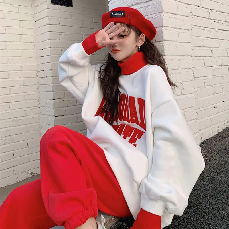 Sports suit women's autumn and winter contrasting high neck casual fashion with plush thick hoodie_voghion.com