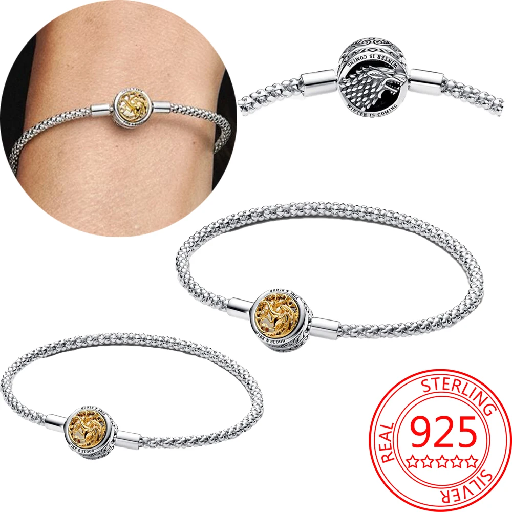 Serie Di Giochi 925 Sterling Silver Stampa Fronte-Retro Di Flying Dragons House Sigil Clasp Pandora Moments Bracciale A Catena Con Borchie