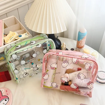 Sanrios Cartoon Transparent Cosmetic Bag Large Capacity Kuromi Hello Kitty My Melody Pochacco Girl Portable Travel Storage Pouch