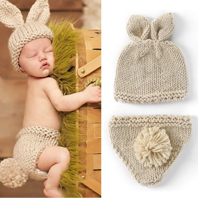

Newborn 2Pcs/Set Crochet Knit Cartoon Beige Rabbit Outfits Baby Photo Costume Clothes Photography Prop