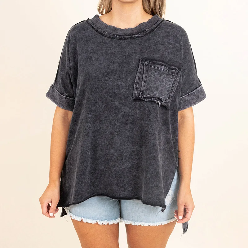 

Women's O Neck Short Sleeve Oversized Streetwear Tunic Top Female Summer Casual Solid Patch Pocket T Shirt Women