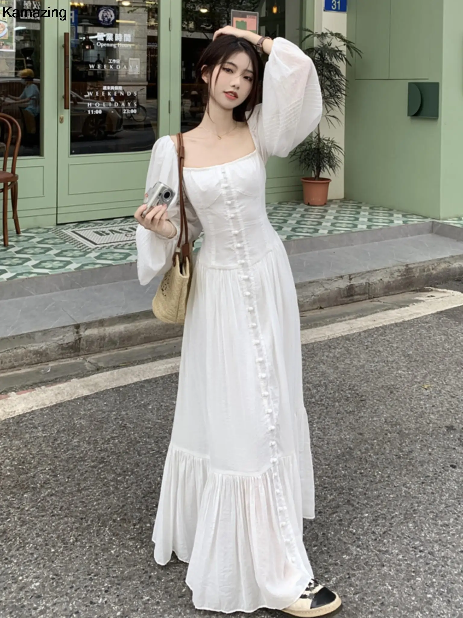 

Women Vintage Square Collar White Dress for Autumn New Single Breasted Lantern Sleeved Robe France Elegant Party Vestidos