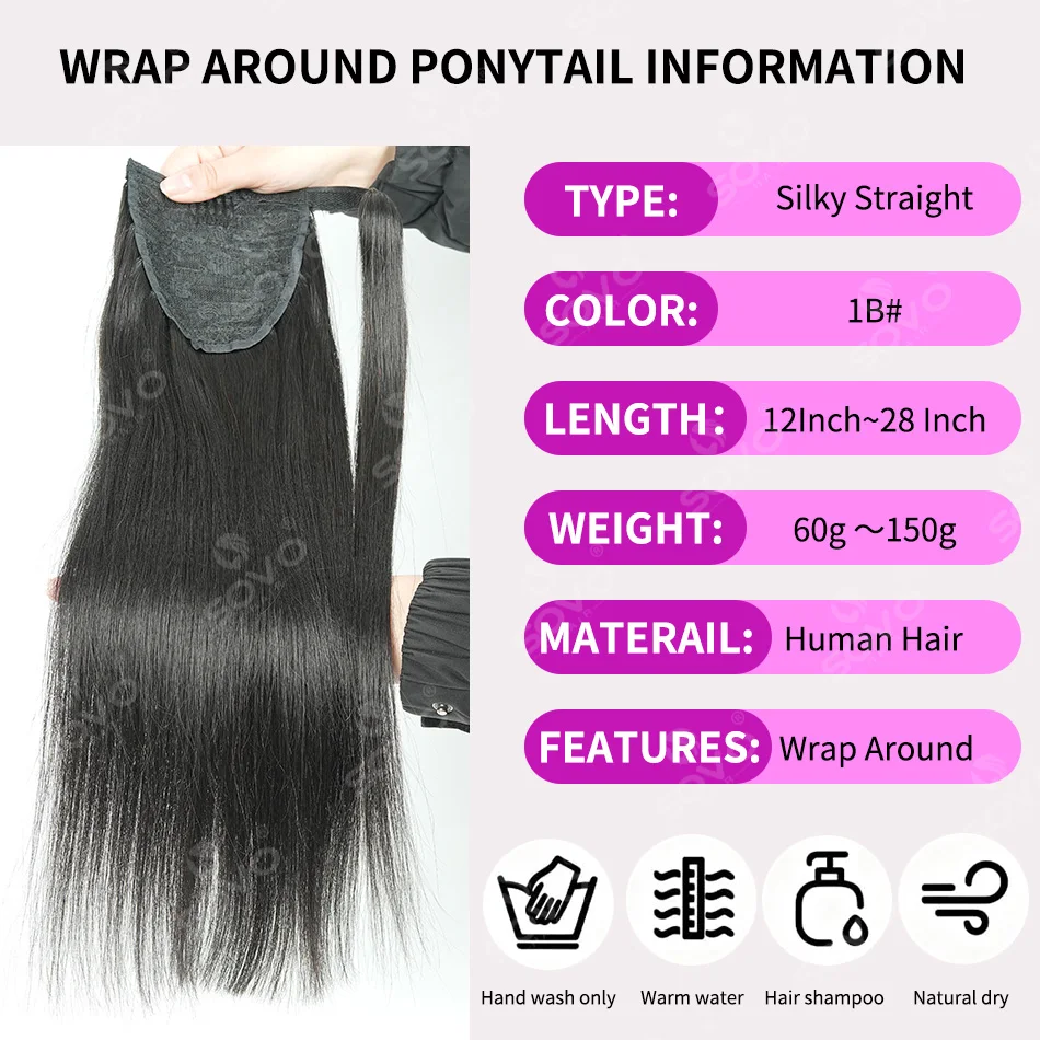 Ponytail Human Hair Extensions Straight Wrap Around Horsetail 100% Remy Human Hair 12"-28" Ponytail Extension for Women 2