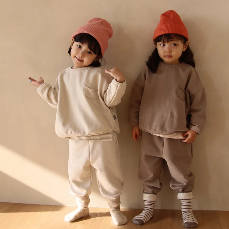 HoneyCherry Autumn New Boys and Girls set round Neck Pure Color Cotton Linen Hoodie Suit Long Sleeve for Children Sports | Детская