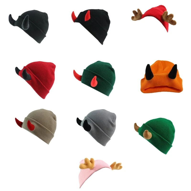 

Handwoven Beanie Hat Adult Teens Pullover Evil Horn Hat Y2K Women Men Winter Warm Windproof Beanie Cap Festival Party Headwear