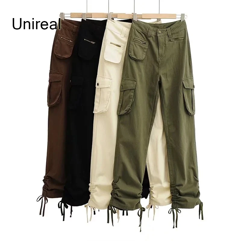 

Unireal 2022 Spring Autumn Women Cargo Pant High Waist Black Pocket Vintage Streetwear Baggy Pant Trousers Bottoms