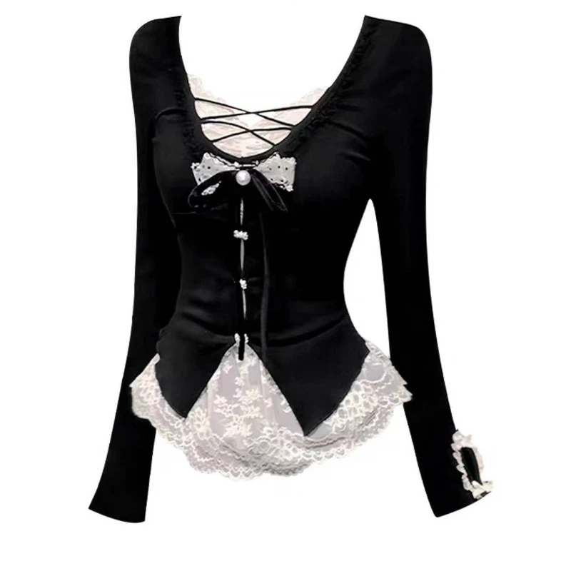 한국 패션 우아한 패치워크 레이스 탑 슬림 캐주얼 긴팔 블라우스 2000년대 아메리칸 빈티지 스위트 풀오버 시크 - AliExpress