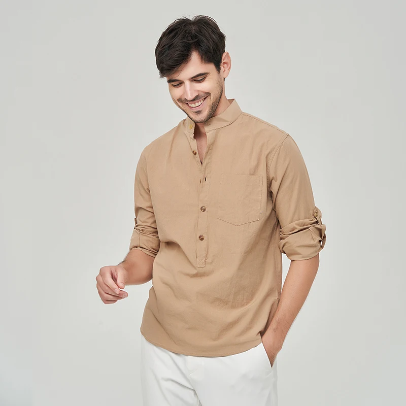 New Cotton Linen Shirts for Men's Long-Sleeved Hawaiian Shirt Loose Tops Solid Color Stand-Up Collar Casual Handsome Men Blouse