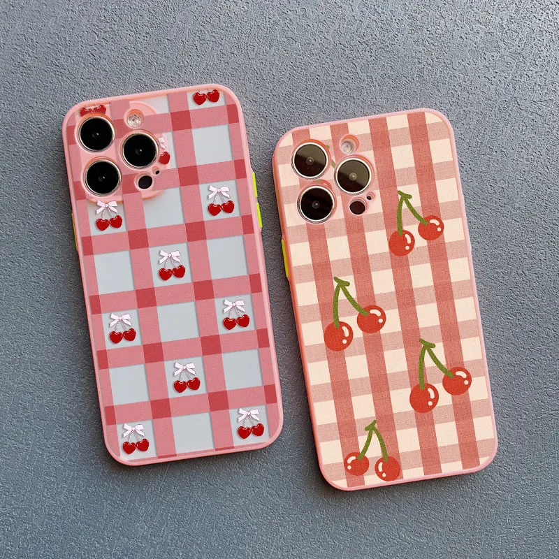 Stylish Blue Checkered Grid Pattern Cherry Phone Case