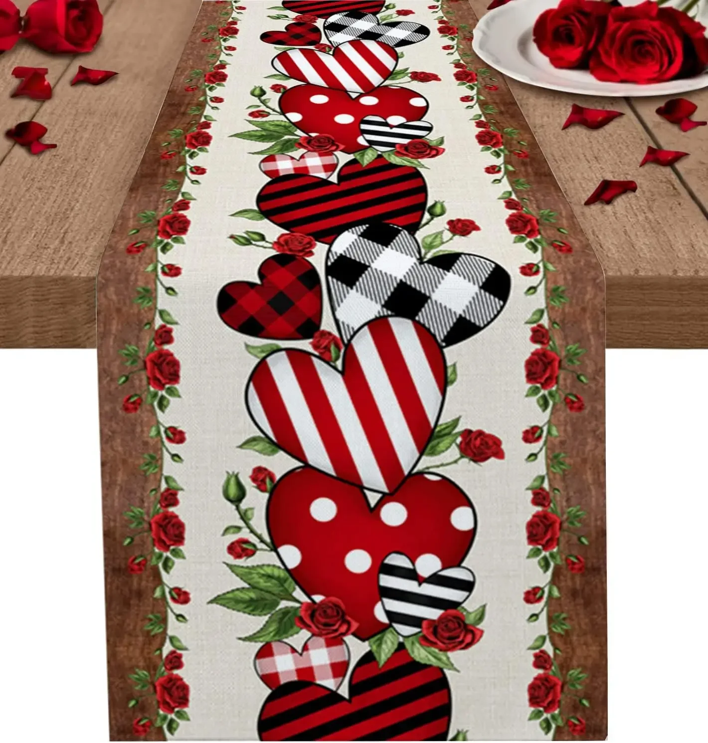 Valentines Day Red Roses Love Heart Wooden Dining Table Runners Party Decor Farmhouse Dining Table Runners Wedding Decorations