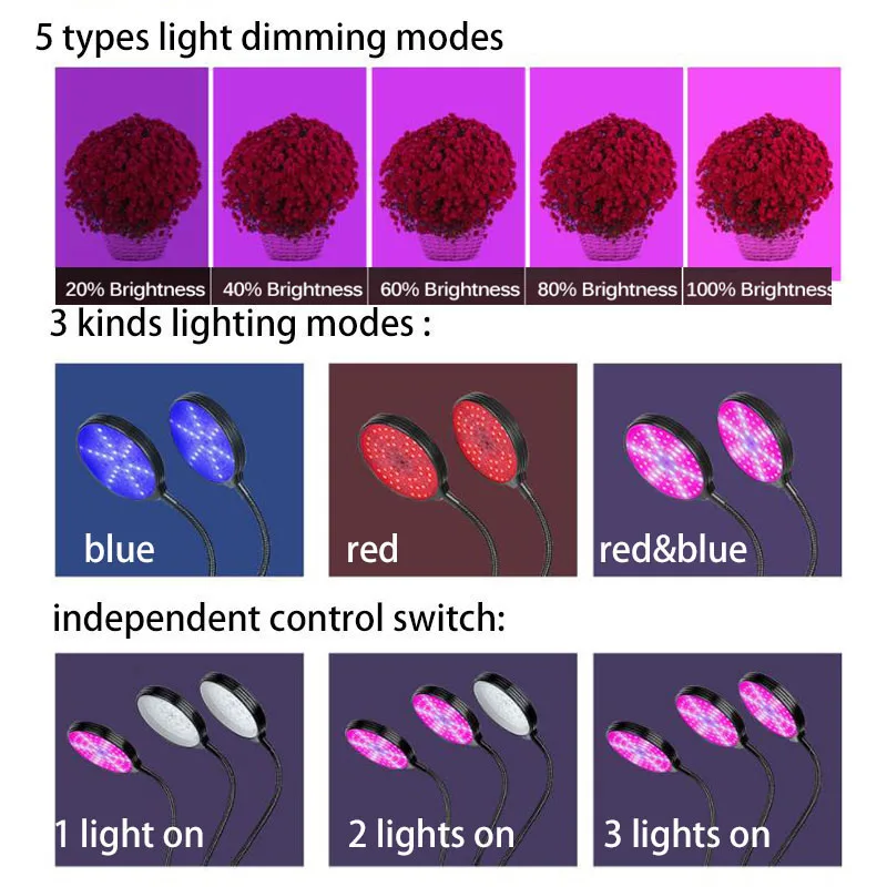 DC5V USB LED plant Grow Light 4 head flower Red Blue light Phytolamps Timer 15W 60W Desktop Clip Phyto Lamps Flowers Grow Box s1
