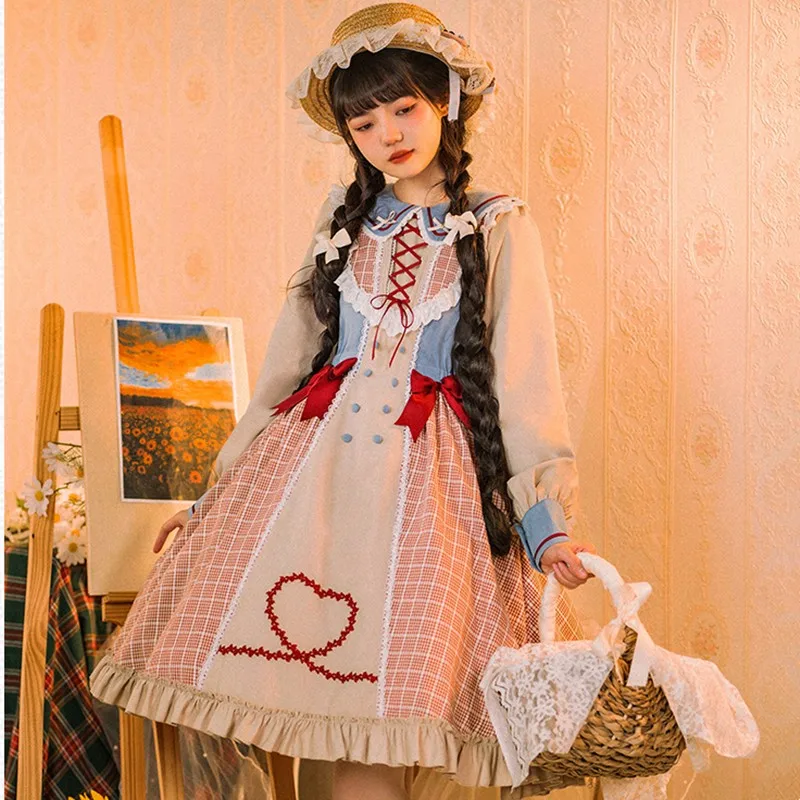 

Vintage Fashion Maid Design Pastoral Daily Spring Summer Long Sleeve Sweet Girls Lolita Op Dress Loli Victorian Tea Party