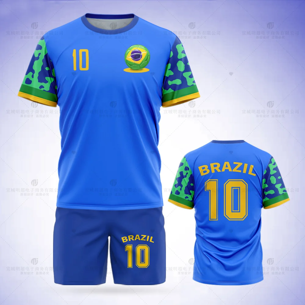 2023 Jumeast Brazil Football Jersey Pattern T-shirt Set Flag Football Print Shorts Blue Mesh Sports Ball Clothing Team Uniform