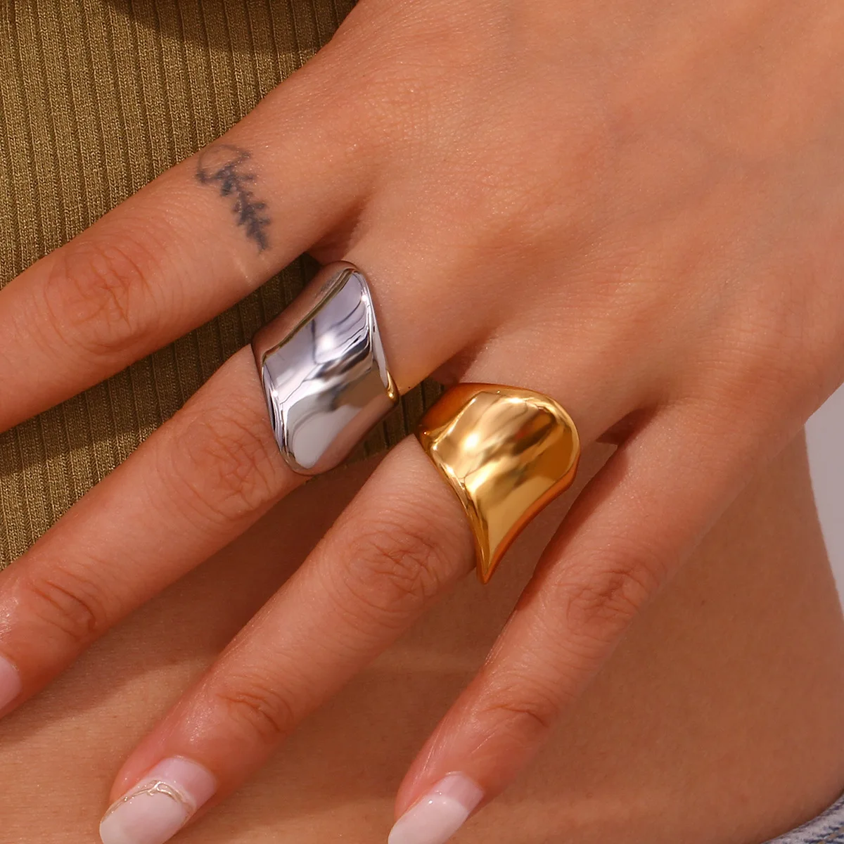ANENJERY 316L Stainless Irregular Exaggerated Smooth Geometric Ring for Women Gold Color Retro Jewelry Accessory