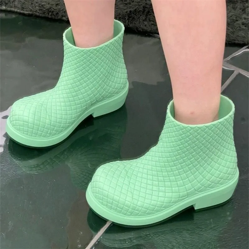 Spring Summer Women's Short Rain Boots Round Toe Increase Thick Sole Thick Low Heel Fashion Casual Rain Boots Weave Rain Boots