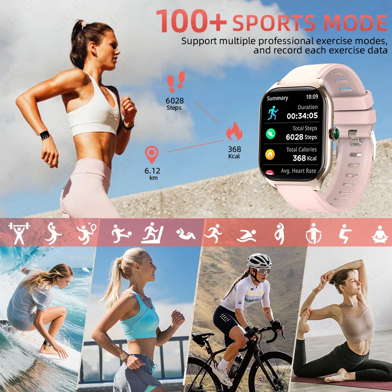 LIGE Smart Watch Women Men 2.01''inch Outdoor Sport Waterproof Bluetooth Call Sports Fitness Smart Watches Ladies Smartwatch New