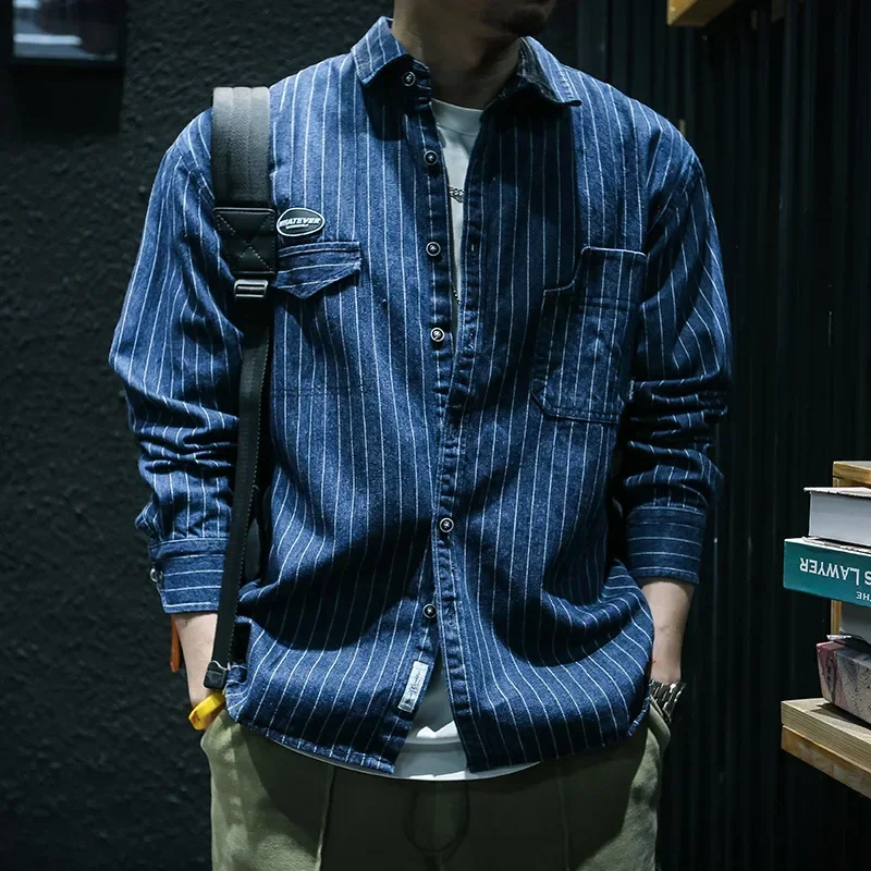 Denim Striped Long Sleeve Shirt Men's Loose Large Size Casual Shirts Workwear Vintage American Heavy Cotton Cargo Shirt Coats