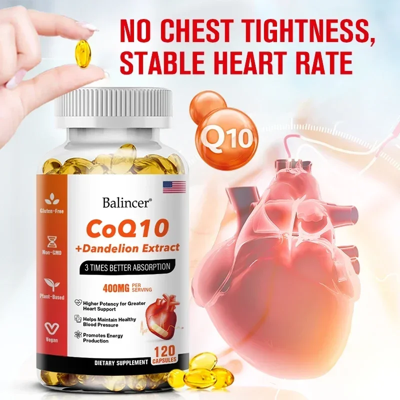 CoQ10 400 mg, Ubiquinone Supplement-Advanced 3x Absorption, 120 Veggie CapsulesCoenzyme Q10 + Dandelion Heart Supplement