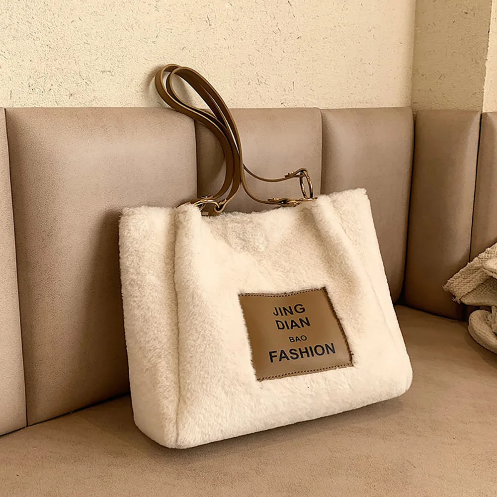 

Fashion Large Capacity Bucket Shoulder Bags Women Autumn Winter Chic Soft Plush Ladies Tote Shopping Simple All-Match Handbags