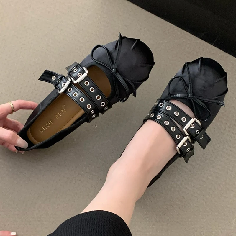 לוליטה ריקוד נעלי נשים בלט דירות הנעלה מעצב נקבה פרפר-קשר אבזם אופנה משי גבירותיי נעלי אצבע עגולות