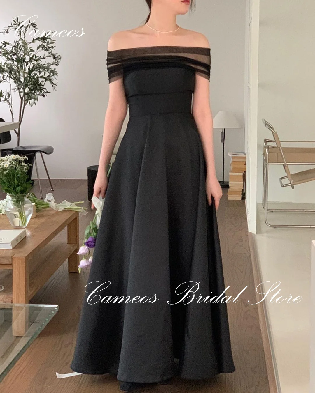 

SONDR Black Wedding Korea Simple Evening Dress Custom Made Formal Prom Dress Off the Shoulder Tulle Fairy Evening Gown Bridal