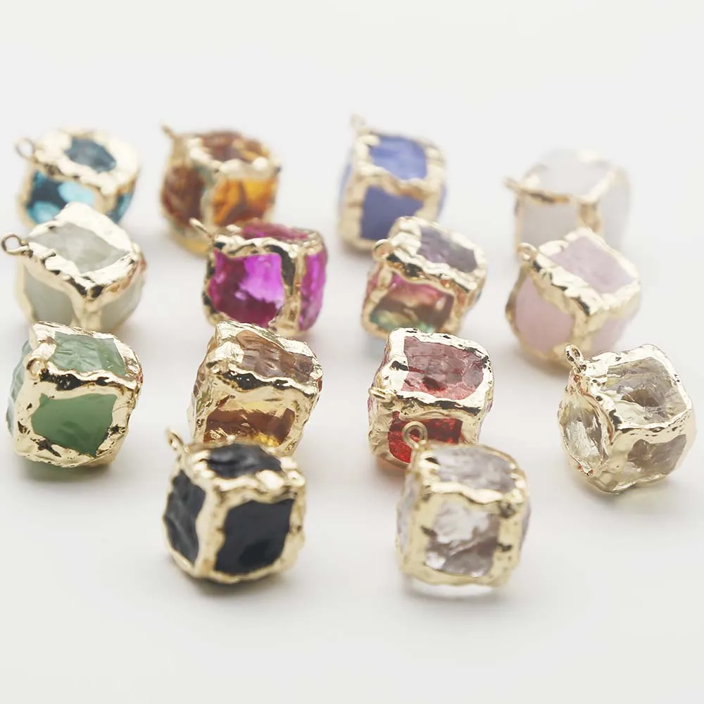 New Cross Border Multi Color Gold Cube Edge Pendant Crystal Glass Gold Edge Diy Jewelry Keychain Accessories 10Pcs Free Shipping