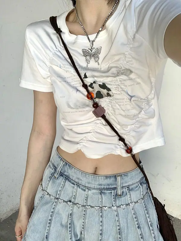 

Y2k Aesthetic Graphic T Shirts Summer Fairy Grunge Pleated T-shirt Women Letter Print Vintage Slim-fit Tops Sexy Tees