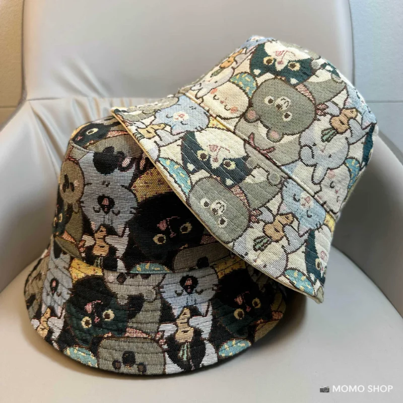

Spring and Autumn Double-sided Bucket Hat Women Cartoon Bear Print Sunscreen Basin Hats Men Versatile Outdoor Leisure Bob Cap