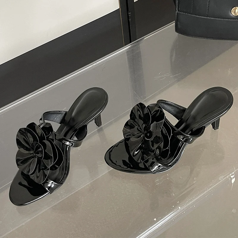 Summer Peep Toe Stiletto Denim Flower Women Slippers Thin High Heels Slip On Slides Fashion Hollow Sandals Shoes For Women Pumps