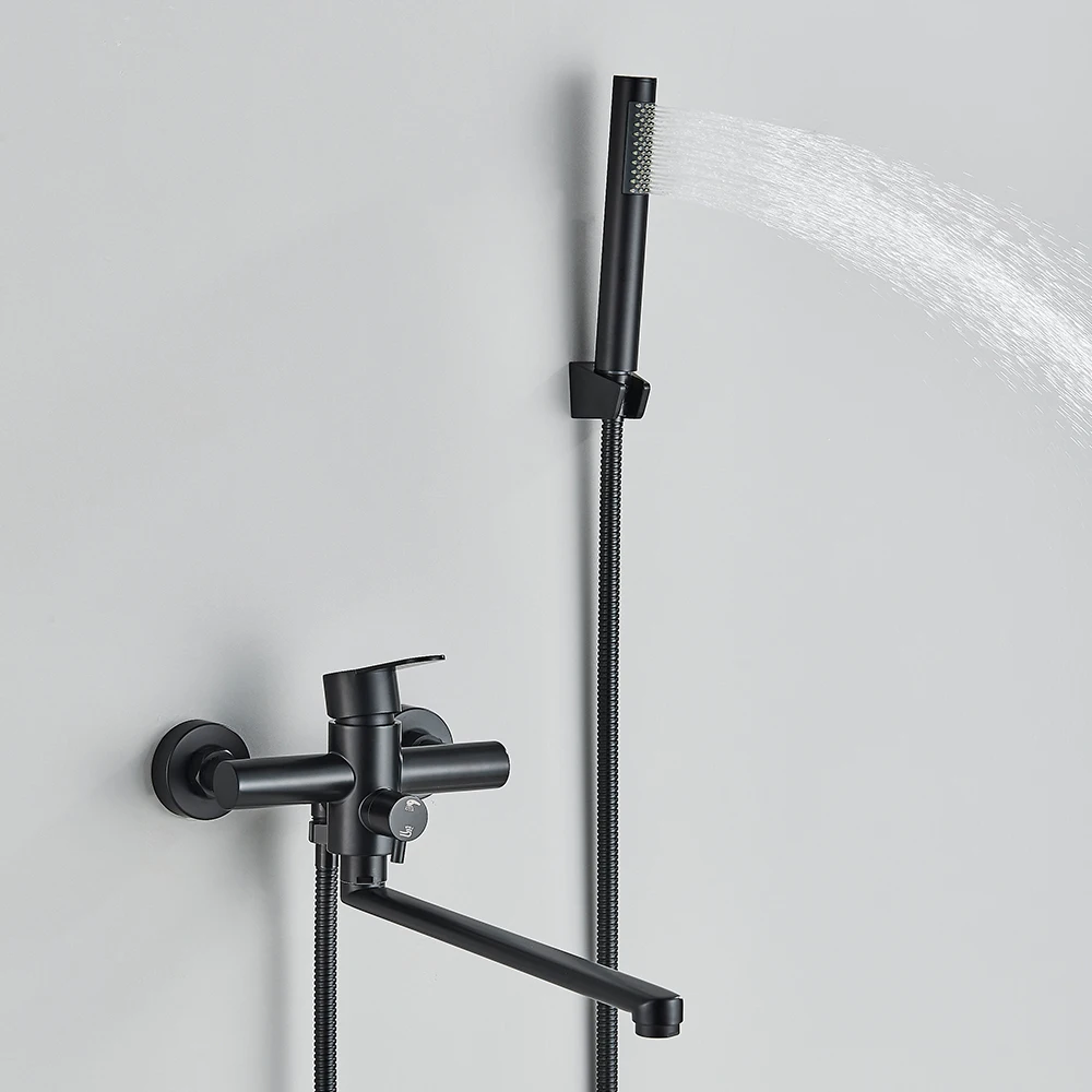 Shower Set Matte Black Hot and Cold Bathtub Shower Faucet Swivel Tub Spout Wall Mounted Bath Mixer Waterfall Bathtub Tap with Handheld Show