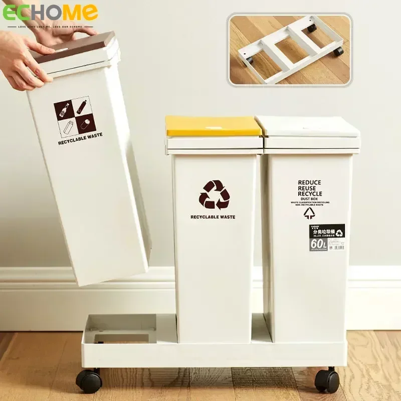 

40/60L Trash Can with Wheeled Classification Recycling Trash Can Household Kitchen Living Room Dry and Wet Separation Trash Can
