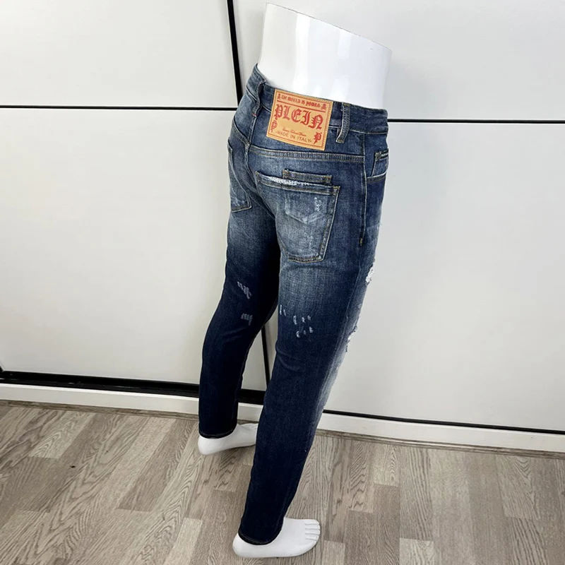 Street Fashion Men Jeans High Quality Retro Blue Elastic Vintage Slim Ripped Jeans Destroyed Patched Designer Brand Pants Hombre