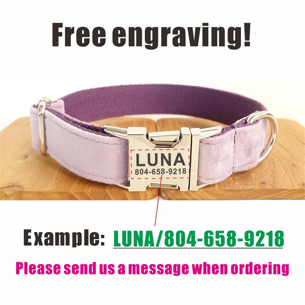 Personalized Dog Collar Custom Pet Collar Free Engraving ID Name Tag Pet Accessory Purple Thick Velvet Puppy Collar Leash