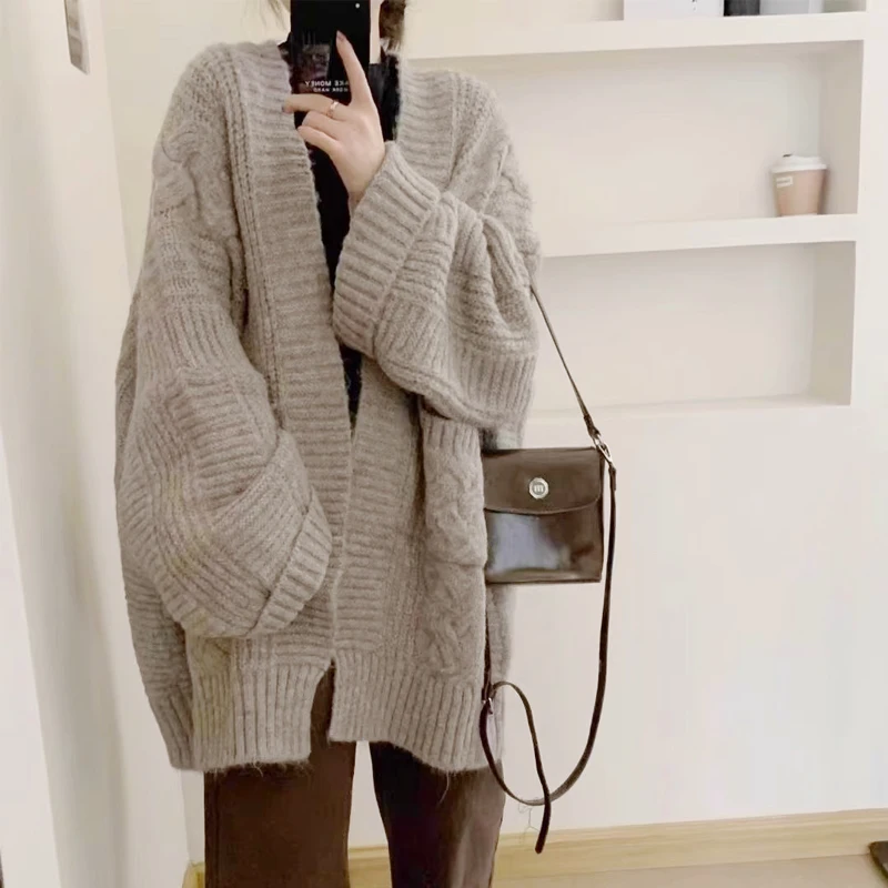 Winter Cardigan Women's Pocket Sweater Korean Loose Knitted Cardigan Casual Solid Knit Jacket Medium Long Thick Autumn